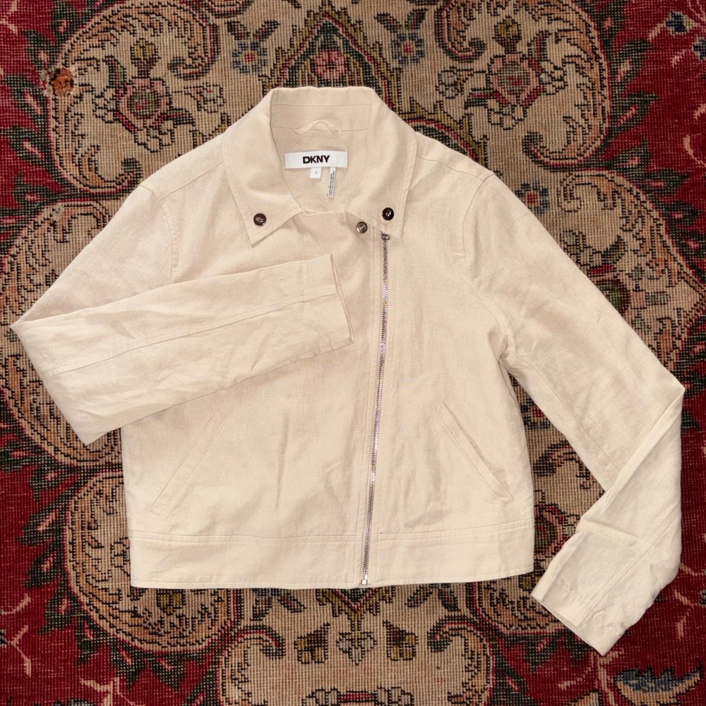 DKNY Moto Jacket Women S Beige Excellent Linen Blend Asymmetrical Zip Pockets